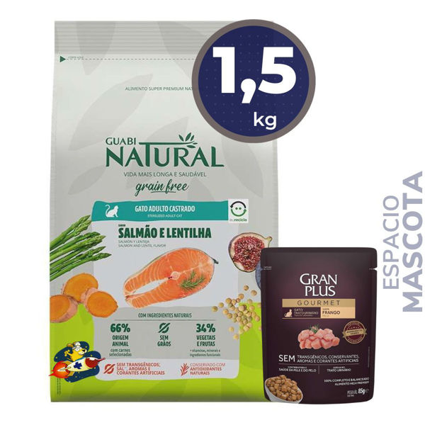 Imagen de Alimento GUABI Grain Free Gato Castrado Sabor Salmón y Lenteja 1,5 kg + Regalo