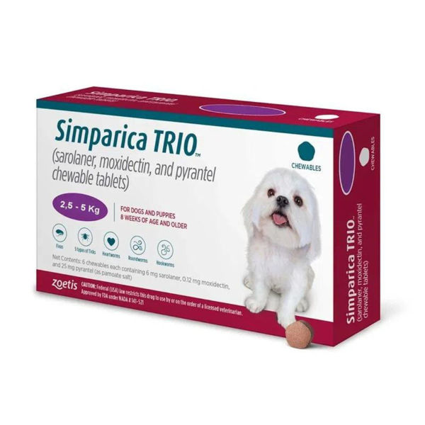 Imagen de Antiparasitario Interno y Externo SIMPARICA TRIO 2.5 a 5 kg - 1 Comprimido