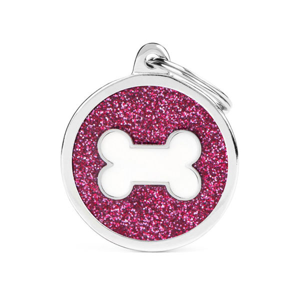 Imagen de Chapita Identificatoria MY FAMILY Círculo Hueso Con Glitter Rosa